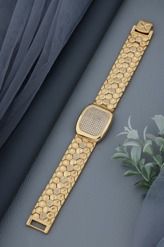 Men's Gold-Plated Bracelet with Honeycomb Design & Diamond-Cut Detailing