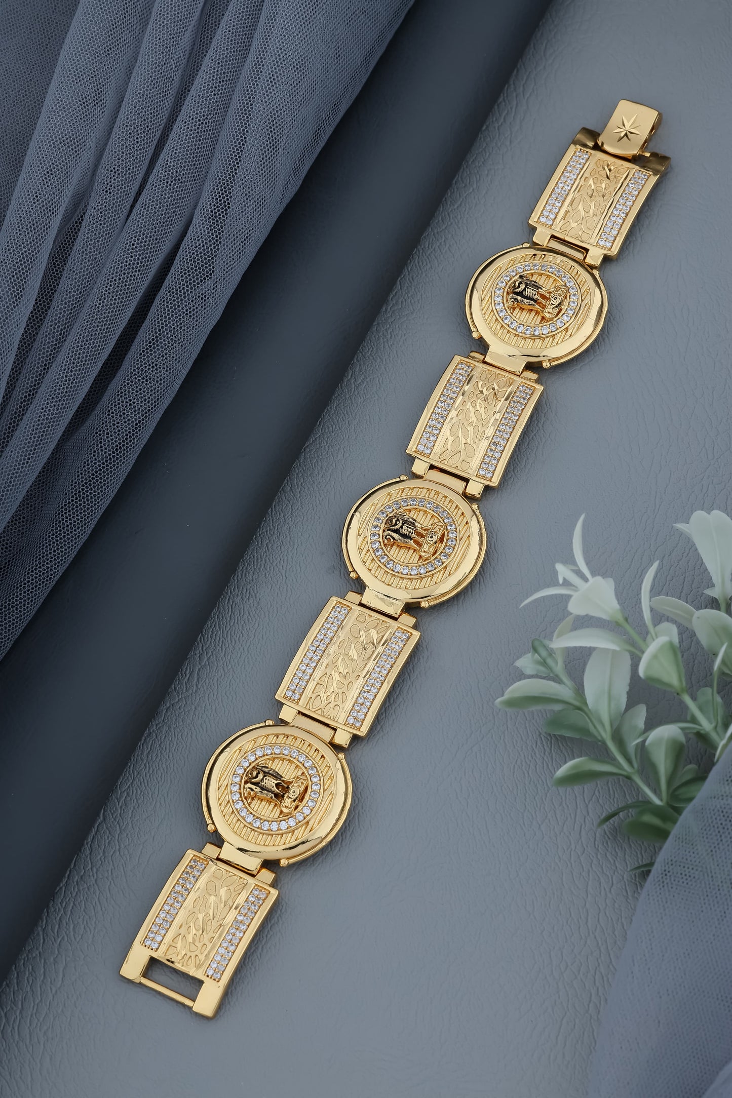 Men’s Gold-Plated Bracelet with Ashok Stambh & Textured Accents