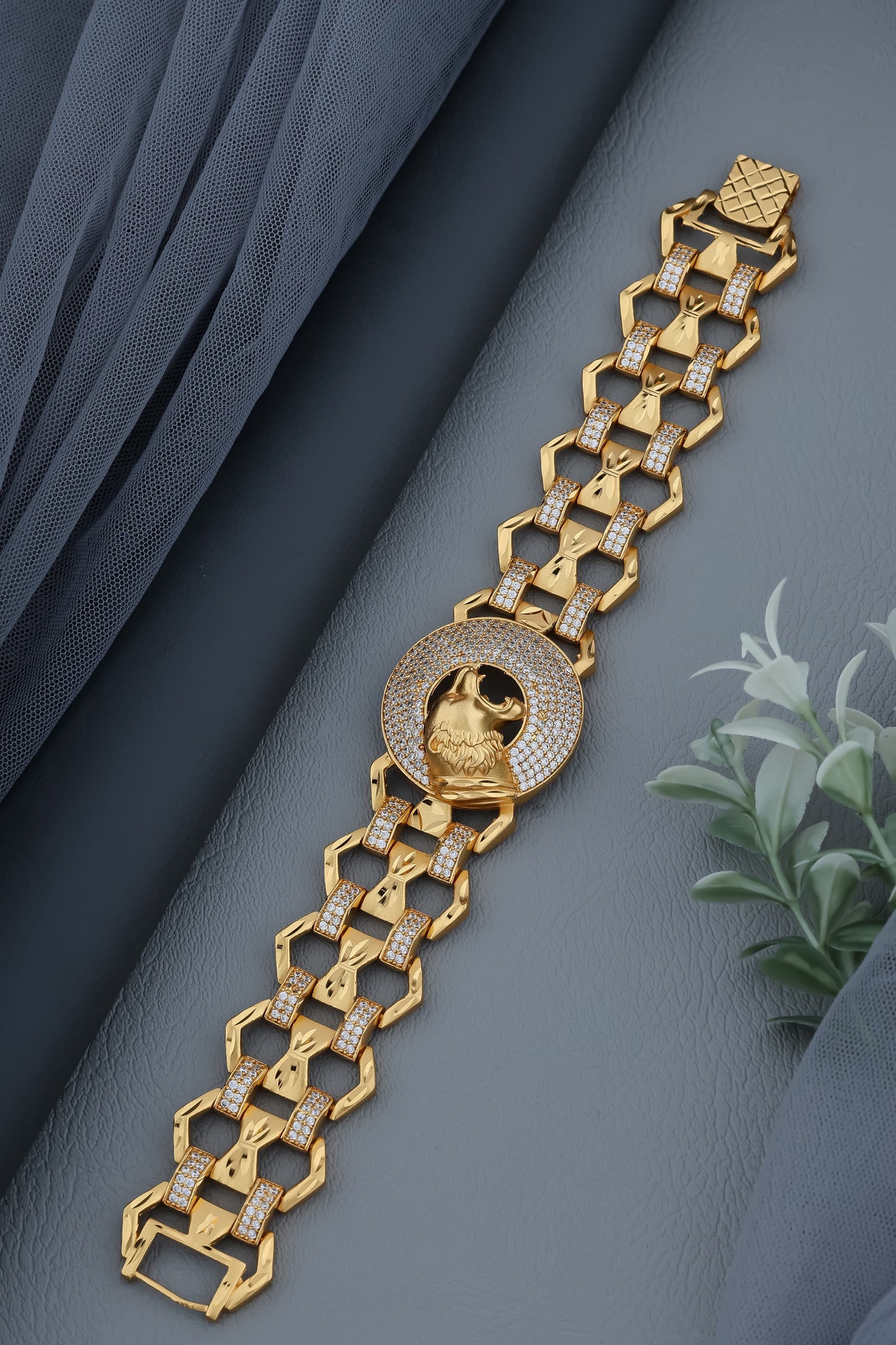 Majestic Gold-Plated Lion Emblem Bracelet with Diamond Accents