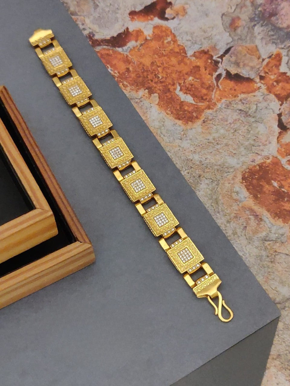Brass Direct Gold A.D. Stone Gents Bracelet – Square Layered Elegance