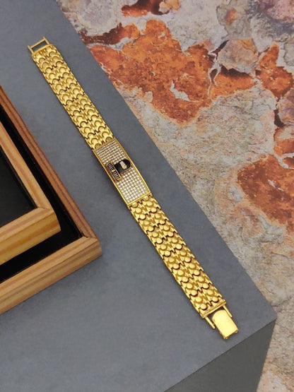 Brass Direct Gold A.D. Stone Designer Gents Bracelet - (Textured Pattern with Stone Clasp)