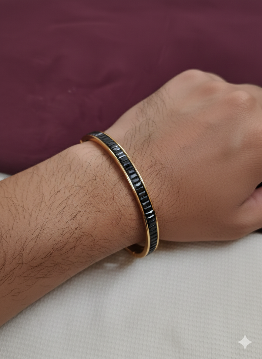 Men’s Luxury Gold-Plated Kada Bangle with Onyx-Black Baguette Crystals