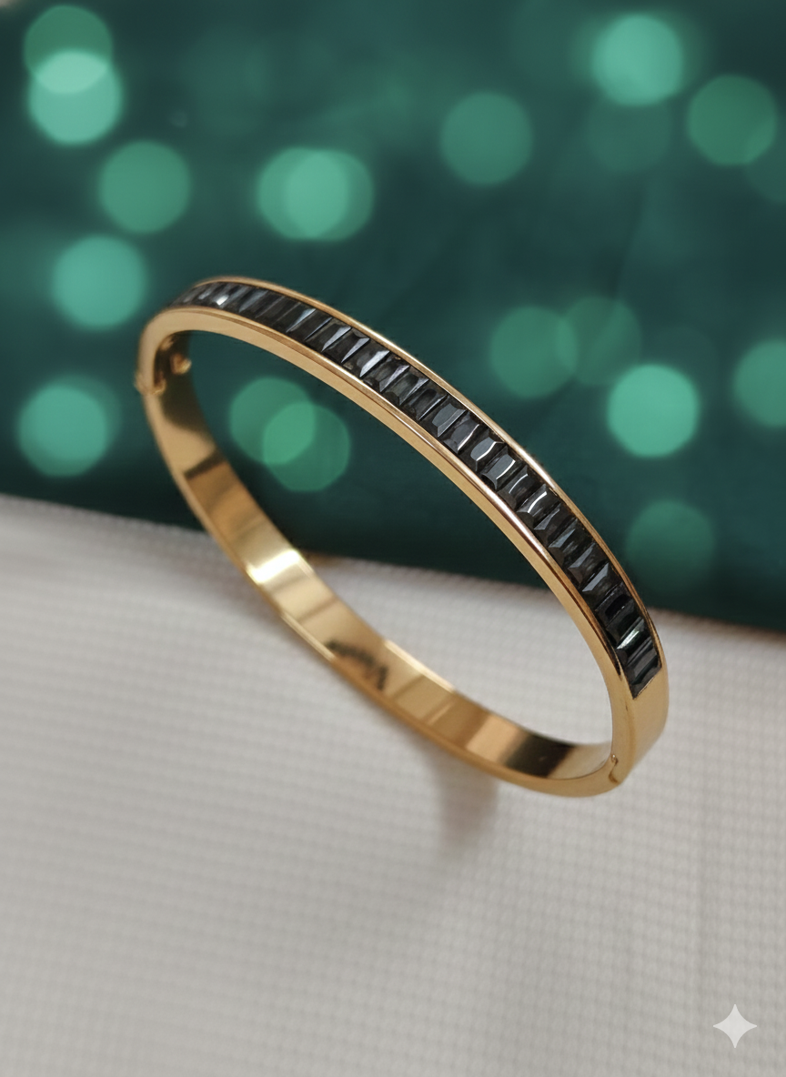 Men’s Luxury Gold-Plated Kada Bangle with Onyx-Black Baguette Crystals