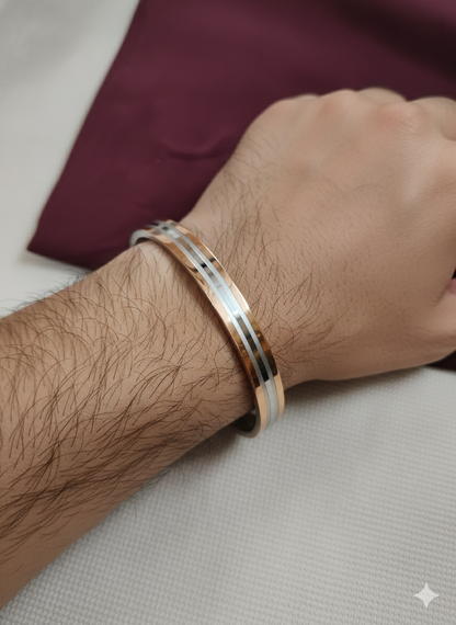 Mirror Finish Stainless Steel  Two-Tone Kada Skin Friendly & Rust Proof Cuff Bangle For Men and Boys
