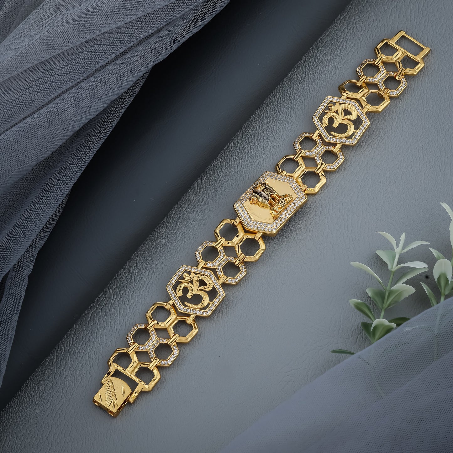 Divine Harmony – Om & Ashok Stambh Gold Plated Bracelet"