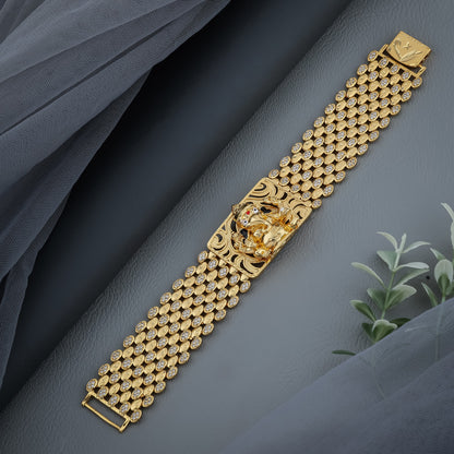 Majestic Gold Plated Bracelet with 3D Ganesh Murti and Diamond-Studded Mesh Design"