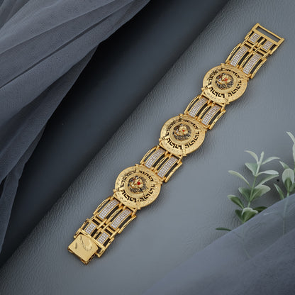 Majestic Gold Plated Bracelet Featuring Triple Lion Emblems and Studded Detailing"