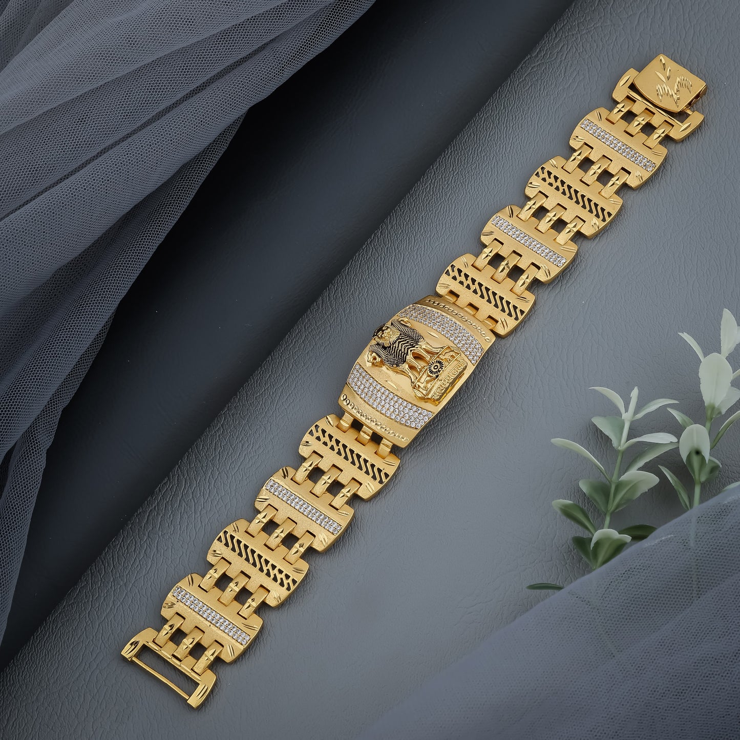 Gold Plated Bracelet with Royal Ashok Stambh and Diamond-Accented Geometric Links"