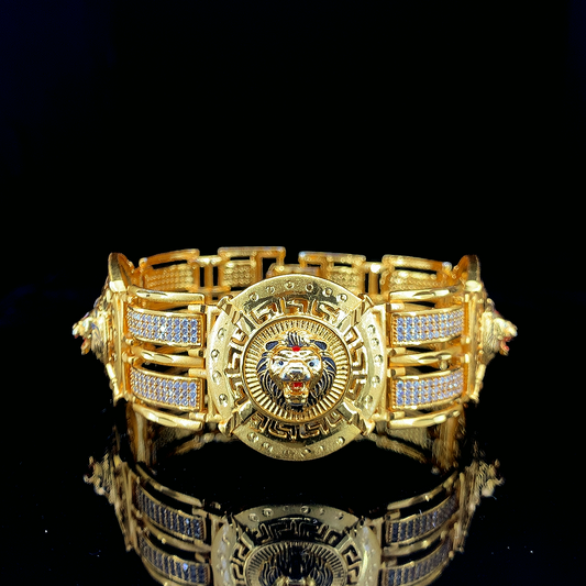 Majestic Gold Plated Bracelet Featuring Triple Lion Emblems and Studded Detailing"
