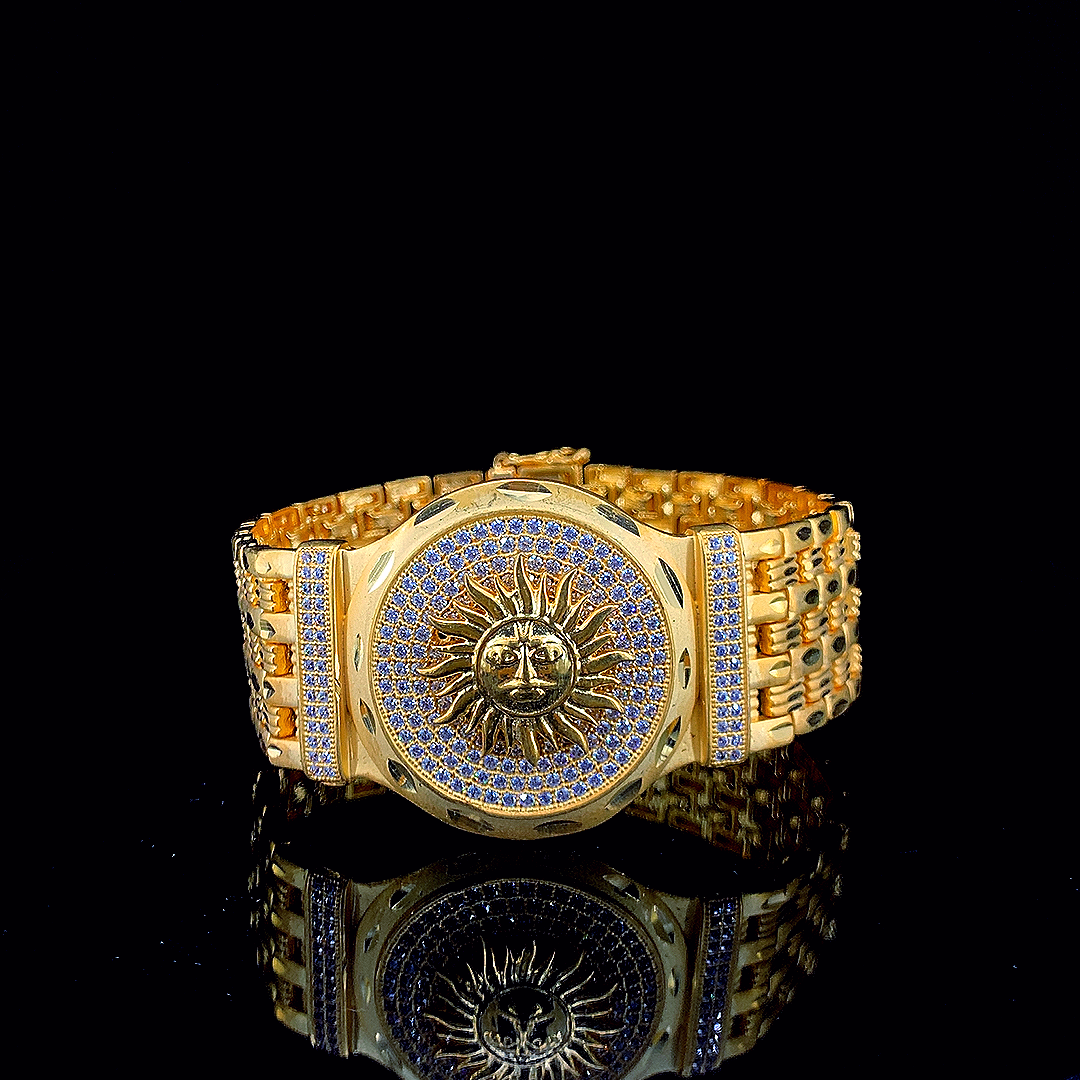 Luxurious Gold Plated Bracelet with Radiant Surya Medallion and Diamond Accents