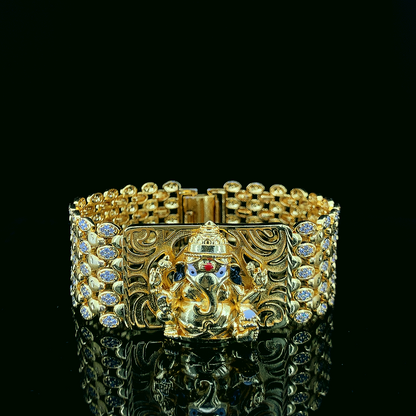 Majestic Gold Plated Bracelet with 3D Ganesh Murti and Diamond-Studded Mesh Design"