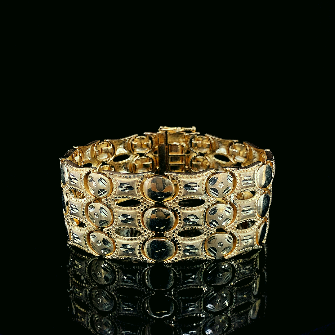 Designer Gold Plated Bracelet Featuring Intricate Oval and Dome Link Detailing"