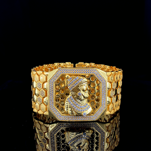 Exquisite Gold Wristwatch with Diamond-Studded Honeycomb Design and Shivaji Maharaj