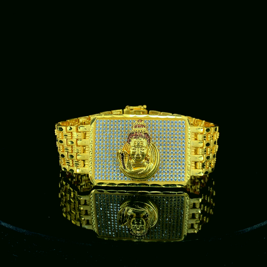 Majestic Mahadev Face Gold Plated Bracelet with Textured Brecelet For Men