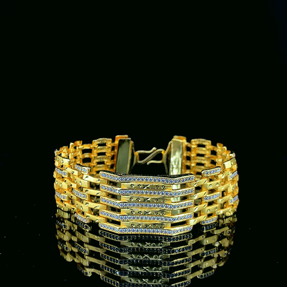 Elegant Gold Plated Bracelet with Dual-Row Diamond-Studded Links and Woven Chain Design"