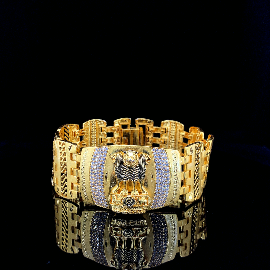 Gold Plated Bracelet with Royal Ashok Stambh and Diamond-Accented Geometric Links"