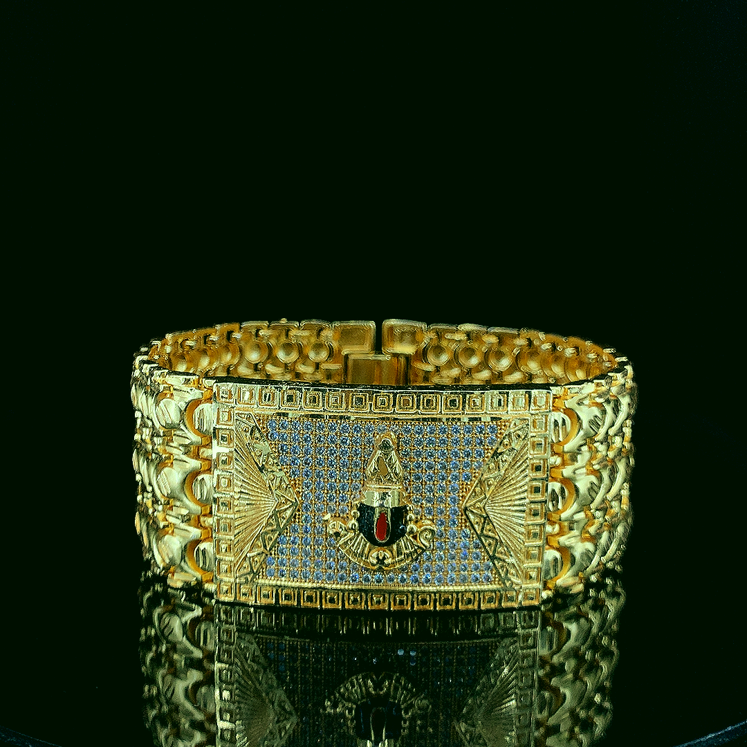 Elegant Tirupati god Gold Bracelet Watch with Textured Links and Royal Emblem Design"