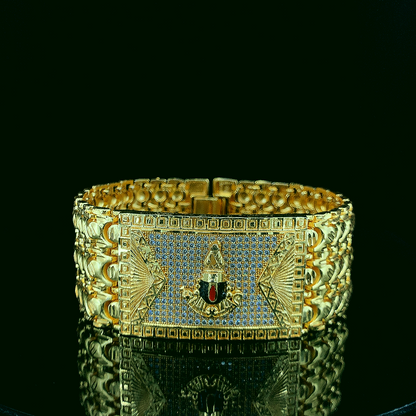 Elegant Tirupati god Gold Bracelet Watch with Textured Links and Royal Emblem Design"