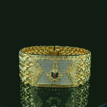 Elegant Tirupati god Gold Bracelet Watch with Textured Links and Royal Emblem Design"
