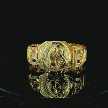 Ornate Gold Plated Bracelet with Engraved Horse Design and Studded Accents"