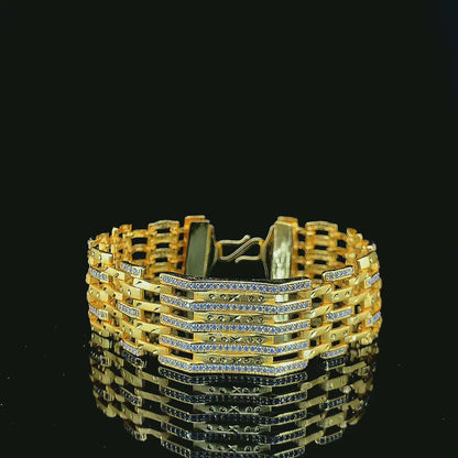 Elegant Gold Plated Bracelet with Dual-Row Diamond-Studded Links and Woven Chain Design"