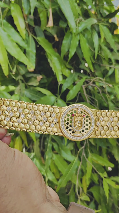 Luxury Tirupati God Gold Bracelet Watch with Diamond and Ruby Accents"