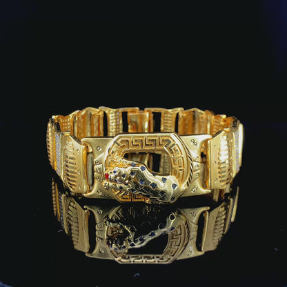 Gold Plated Bracelet with 3D Cheetah Accent and Ribbed Diamond-Set Links"