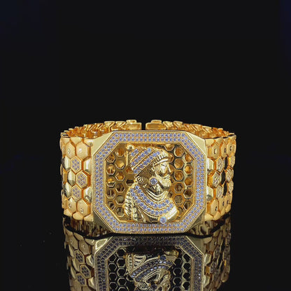 Exquisite Gold Wristwatch with Diamond-Studded Honeycomb Design and Shivaji Maharaj