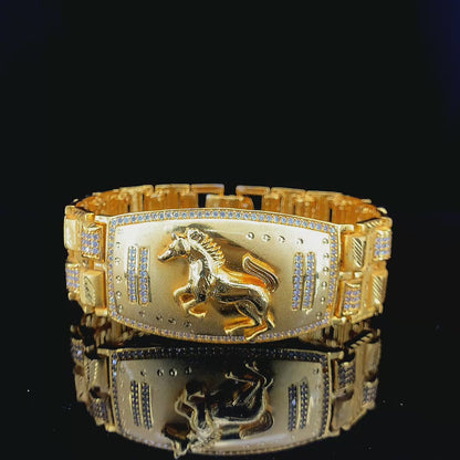Gold Plated Bracelet with Embossed Horse Motif and Diamond-Patterned Links"