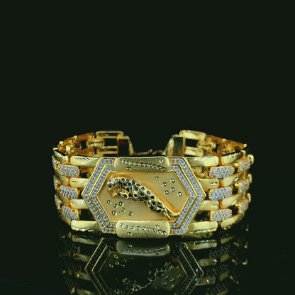 Gold Plated Bracelet with Hexagonal Cheetah Emblem and Diamond-Linked Chain"