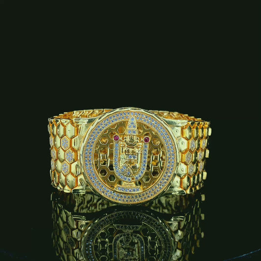 Luxury Tirupati God Gold Bracelet Watch with Diamond and Ruby Accents"