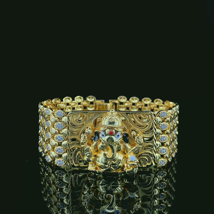 Majestic Gold Plated Bracelet with 3D Ganesh Murti and Diamond-Studded Mesh Design"