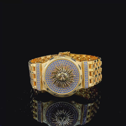 Luxurious Gold Plated Bracelet with Radiant Surya Medallion and Diamond Accents