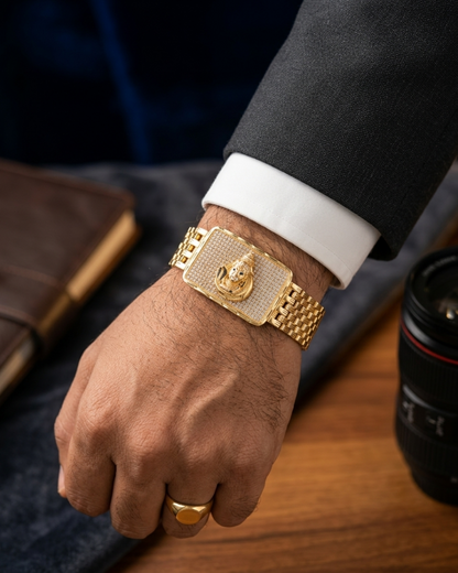 Majestic Mahadev Face Gold Plated Bracelet with Textured Brecelet For Men
