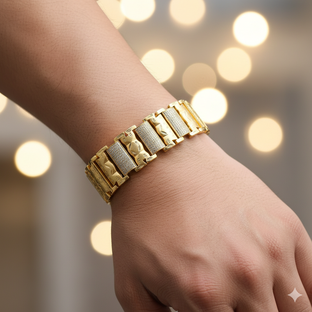 Bold Gold Plated Bracelet with Textured Panels and Diamond-Like Inlays"