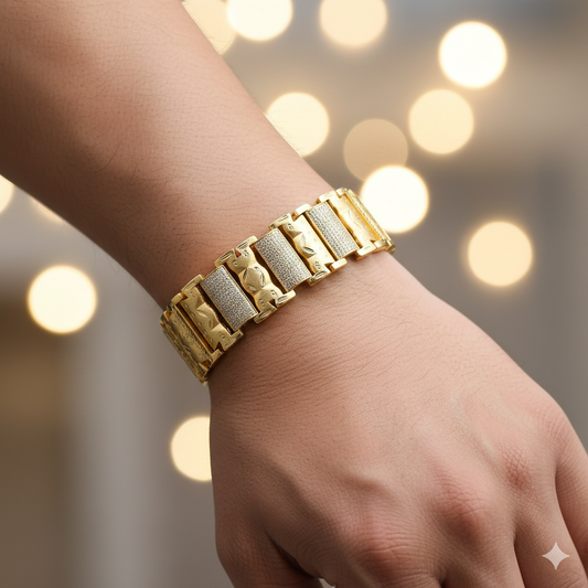 Bold Gold Plated Bracelet with Textured Panels and Diamond-Like Inlays"