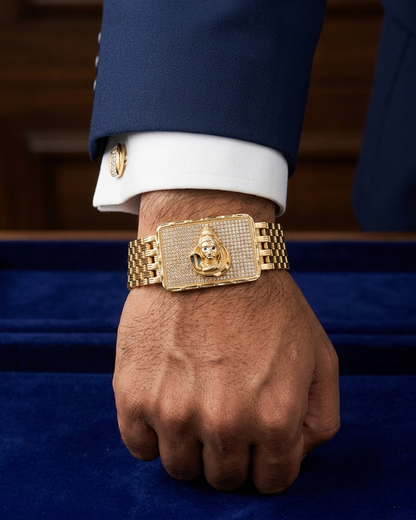 Majestic Mahadev Face Gold Plated Bracelet with Textured Brecelet For Men