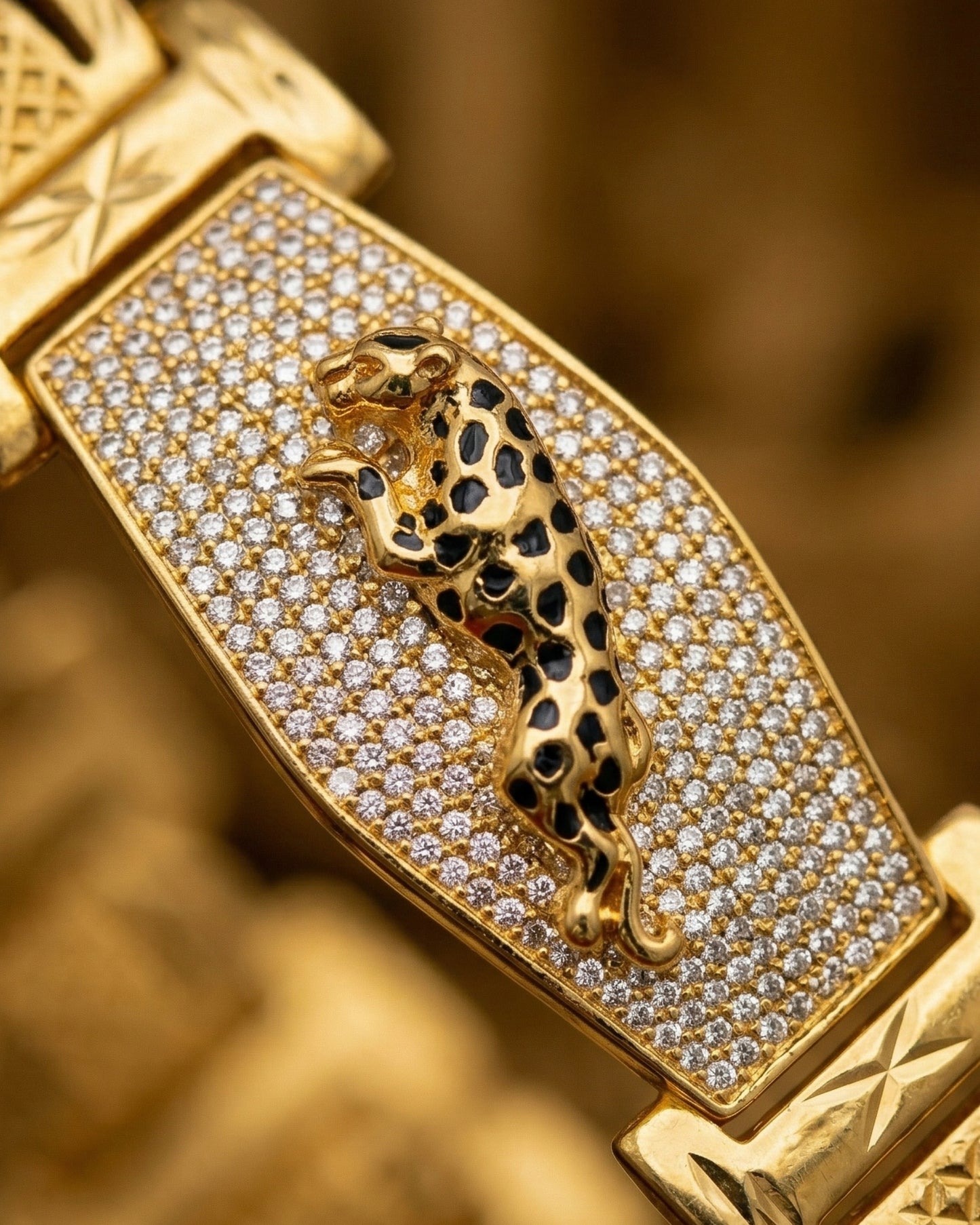 Royal Gold Plated Bracelet with Penther  Design and Diamond-Studded Chevron Links"