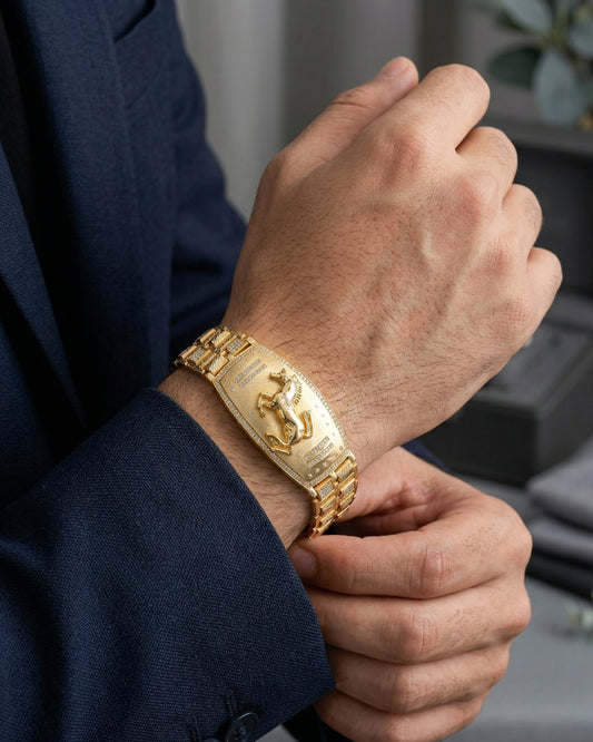 Gold Plated Bracelet with Embossed Horse Motif and Diamond-Patterned Links"