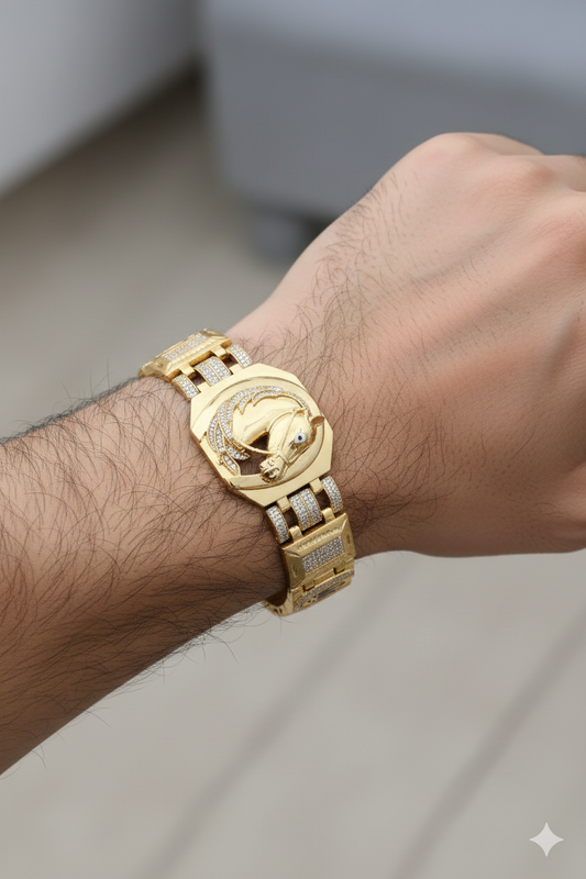 Ornate Gold Plated Bracelet with Engraved Horse Design and Studded Accents"