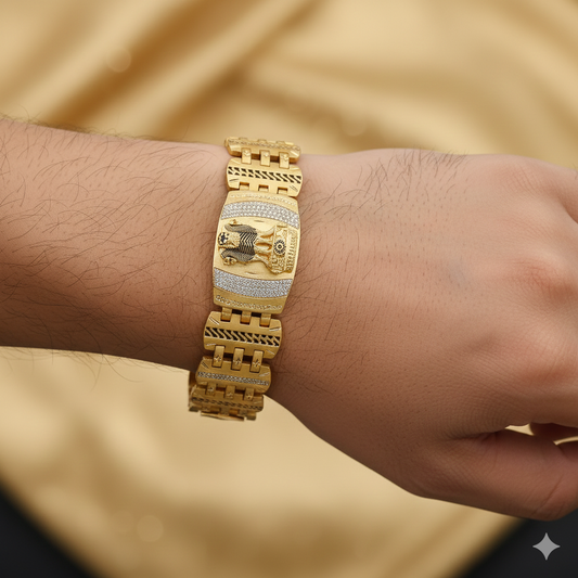 Gold Plated Bracelet with Royal Ashok Stambh and Diamond-Accented Geometric Links"