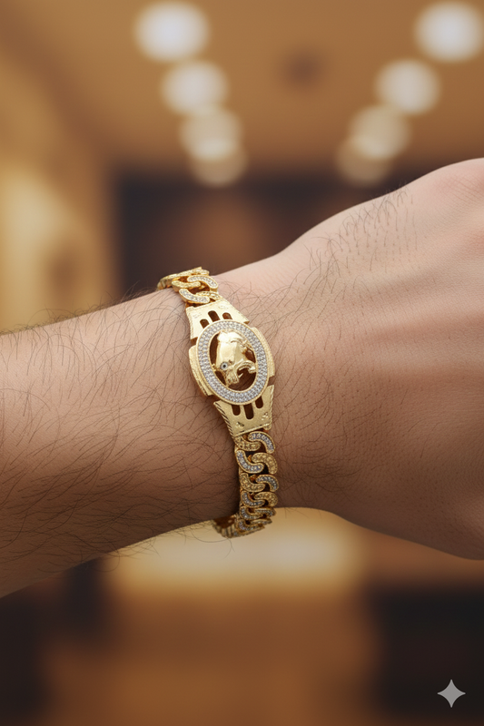 Majestic lion Motif Gold Plated Bracelet with Diamond-Studded Chain – Symbol of Strength & Style"