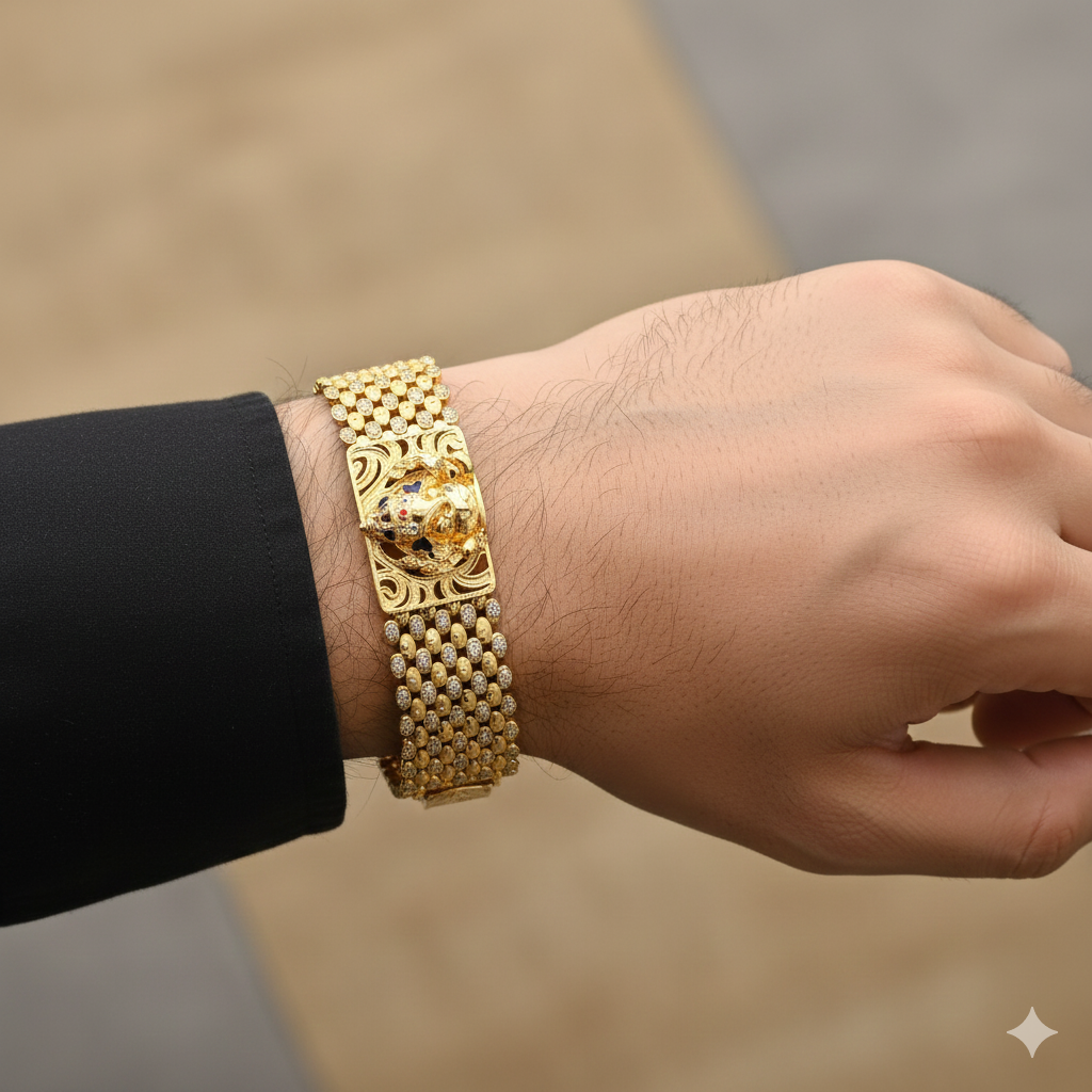 Majestic Gold Plated Bracelet with 3D Ganesh Murti and Diamond-Studded Mesh Design"