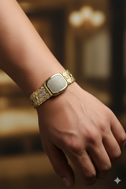Men's Gold-Plated Bracelet with Honeycomb Design & Diamond-Cut Detailing