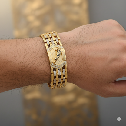 Gold Plated Bracelet with Hexagonal Cheetah Emblem and Diamond-Linked Chain"