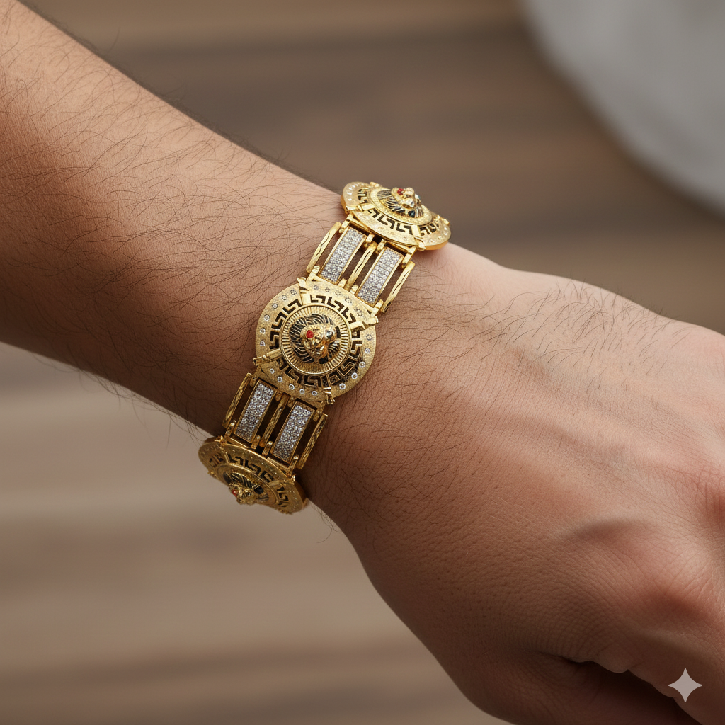 Majestic Gold Plated Bracelet Featuring Triple Lion Emblems and Studded Detailing"